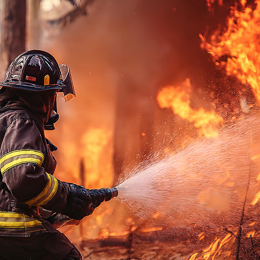 Image of a firefighter spraying chemicals out of a hose onto tall trees that are burning.
